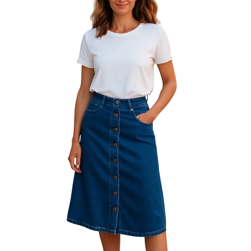 Classic Blue Denim Button-Front Midi Skirt